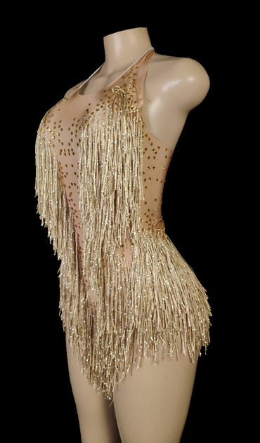 Sparkly Rhinestones Fringes Bodysuit Women Nightclub Outfit Glisten Dance Costume One-piece Dance Wear Singer Stage Leotard