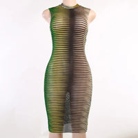 Joskaa Stripe Mesh Bodycon Vest Dress Women High Street Clothing Lady Birthday Party Wear 2021 Summer Sexy Night Club Mini Dress