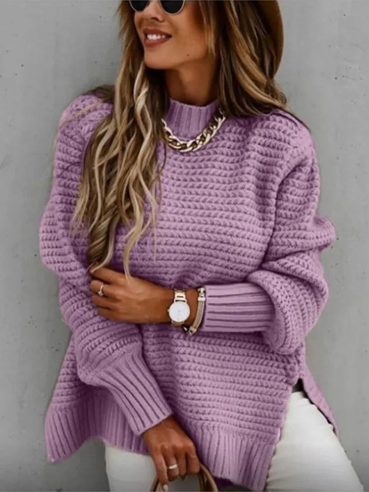 Autumn Winter Women Knitted Sweater Mock Neck Casual Loose Basic Pullovers Warm Elegant Solid Batwing Sleeve Side Split Tops