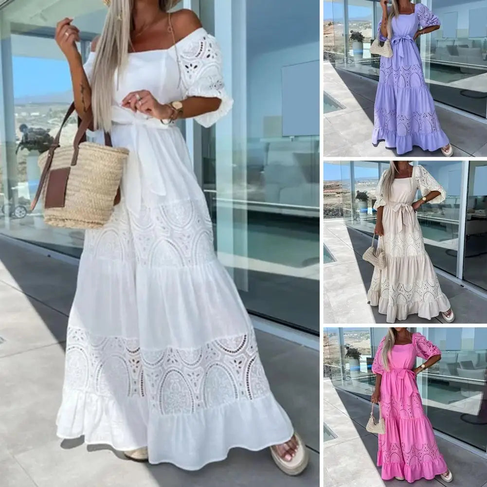 Women Dress Square Collar Puff Half Sleeves Long Dress Belt Lace Stitching Beach Dress High Waist Solid Color Dress Streetwear