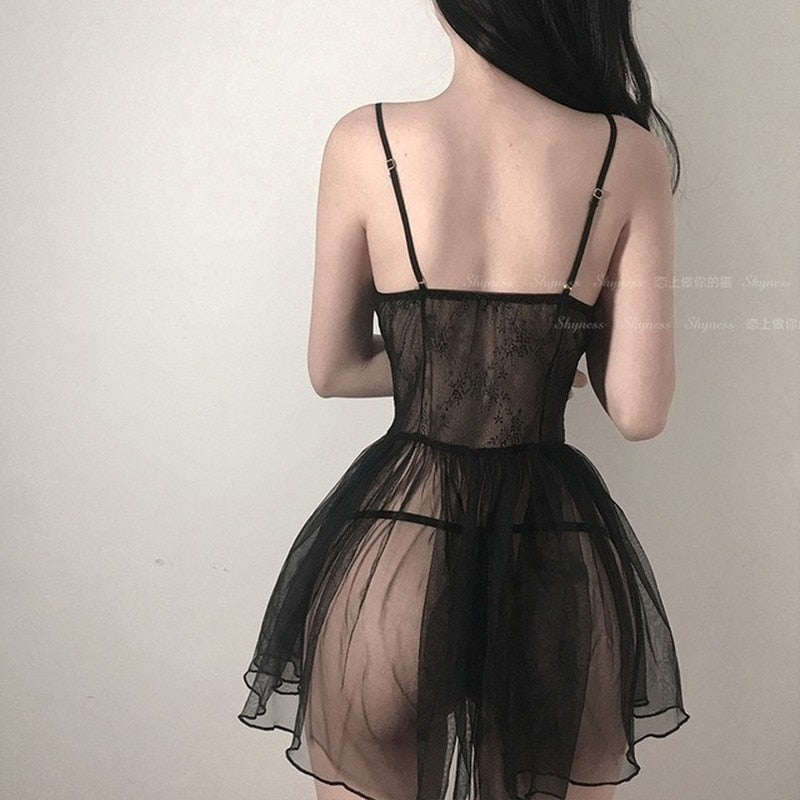 Sexy Lingerie Black Lace Short Nightdress Women Perspective Underwear Suspender Slim Dress Lolita Exotic Costume For Sex 18 Suit