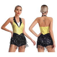 Womens Tassel Jazz Latin Dance Leotard Performance Costume Halter Backless Sparkly Sequins Fringe Jumpsuit Sleeveless Dancewear