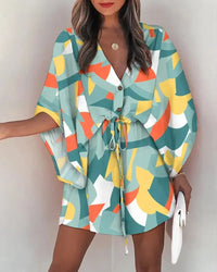 Women Print Dress Sexy V-Neck Bat Sleeve Ruffl Flowers Print Bohemian Beach Sundress Ladies Loose Summer Vacation Mini Dresses