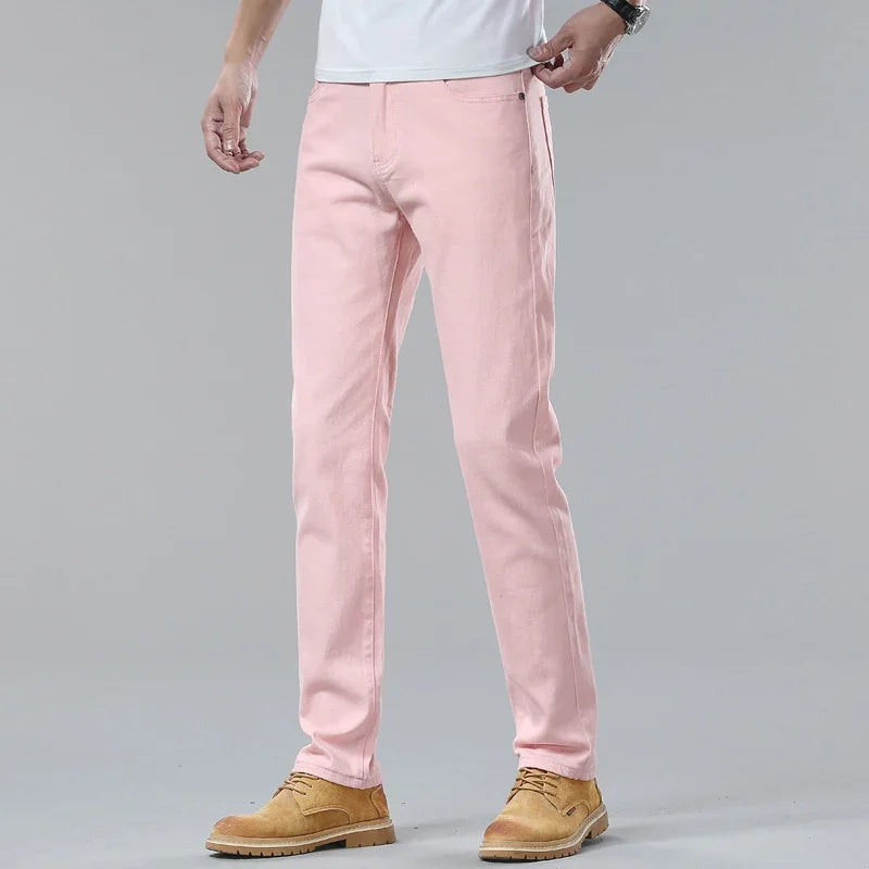 New High Quality Men's Trend Yellow Red White Jeans 2024 Spring Autumn Male High Waist Casual Pants Classic Brand Denim Trousers