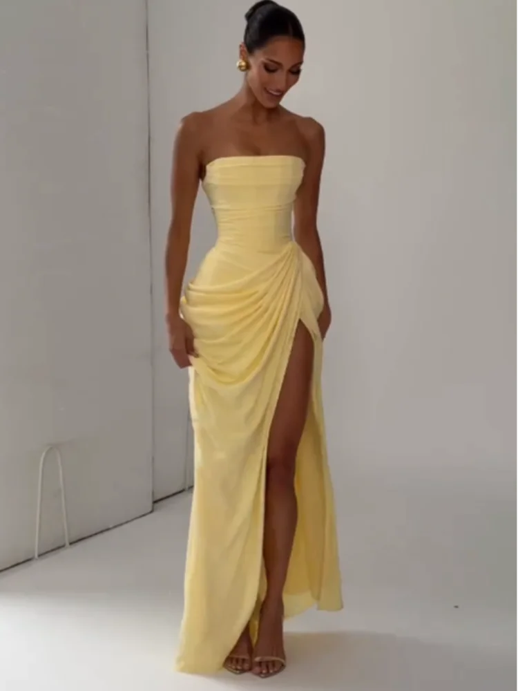Elegant Yellow Strapless Pleated Long Dress Women Chic Solid Sleeveless Waist Cinching Split Gown 2026 Lady Evening Party Robe