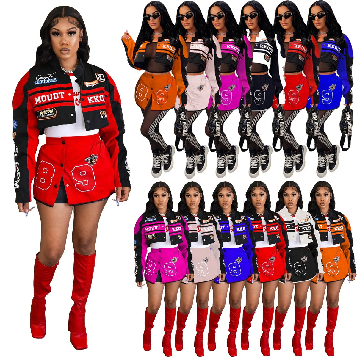 Racing Detachable Varsity Coats Letter Printed Button Up Bomber Jackets 2023 Autumn Winter Streetwear Fitness Skirt Matching Set