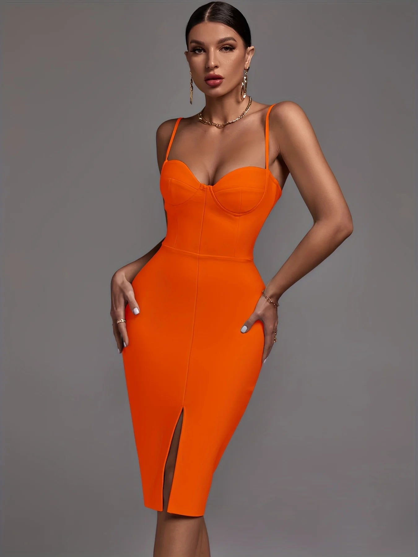 Orange Bandage Dress Women Party Dress Bodycon Elegant Sexy Spaghetti Strap Birthday Evening Club Outfits New Year 2024 Summer