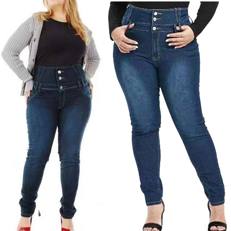 Plus Size Button Up Slim Skinny Dark Blue Full Length Jeans 4XL 5XL Women High Waist Stretch Thin Denim Pants Lady Trousers