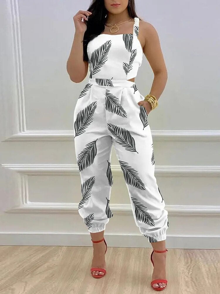 Elegant Jumpsuit Women Summer 2023 Fashion Butterfly Print Crisscross Lace Up Details Backless Long Jumpsuit Plus Size Rompers