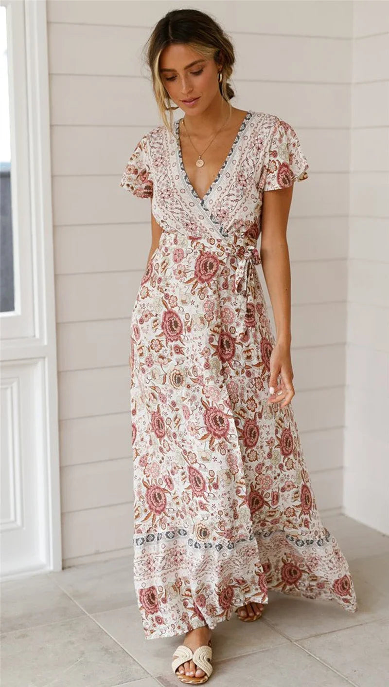 Happie Queens Women Floral Print Bat Sleeve Beach Bohemian Maxi Dress Ladies Sashes Boho Wrap Dresses Robe Bikini Cover-ups