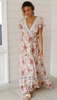 Happie Queens Women Floral Print Bat Sleeve Beach Bohemian Maxi Dress Ladies Sashes Boho Wrap Dresses Robe Bikini Cover-ups