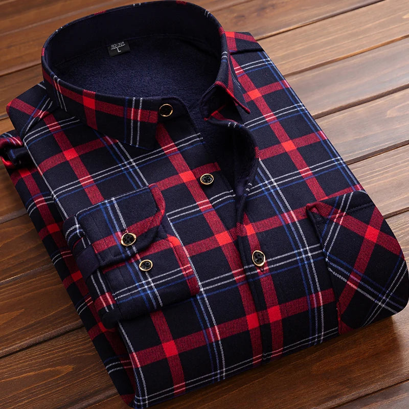 2025 Men's Autumn Winter Casual Fleece Plaid Shirt Fashion Soft Warm Turn Down Collar Long Sleeve Shirt Male High-Quality Tops