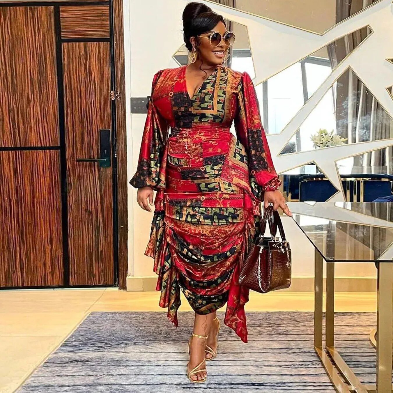 Autumn African Print Dresses for Women Elegant African Long Sleeve V-neck Polyester Red Yellow Orange Long Dress African Clothes