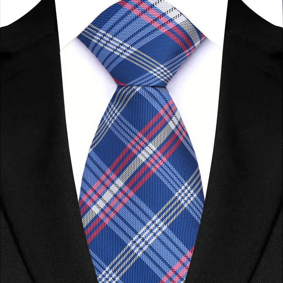 New Design Plaid & Checks 8cm Tie Red Blue Jacqurd Weave Neckties For Men Business Wedding Cravat Accessories Neck Ties Gifts