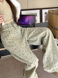 Trendy Vintage Flower Jeans Women High Waist Wide Leg Straight Pants Denim Trousers Green Floral Baggy Pants with Pocket Fashion