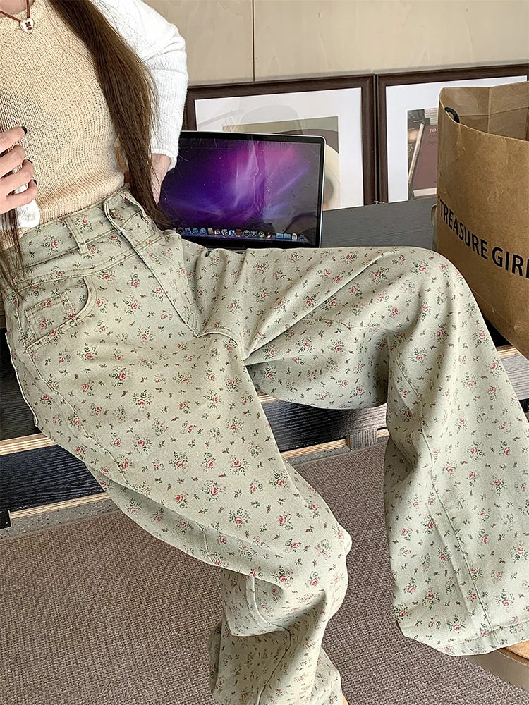Trendy Vintage Flower Jeans Women High Waist Wide Leg Straight Pants Denim Trousers Green Floral Baggy Pants with Pocket Fashion