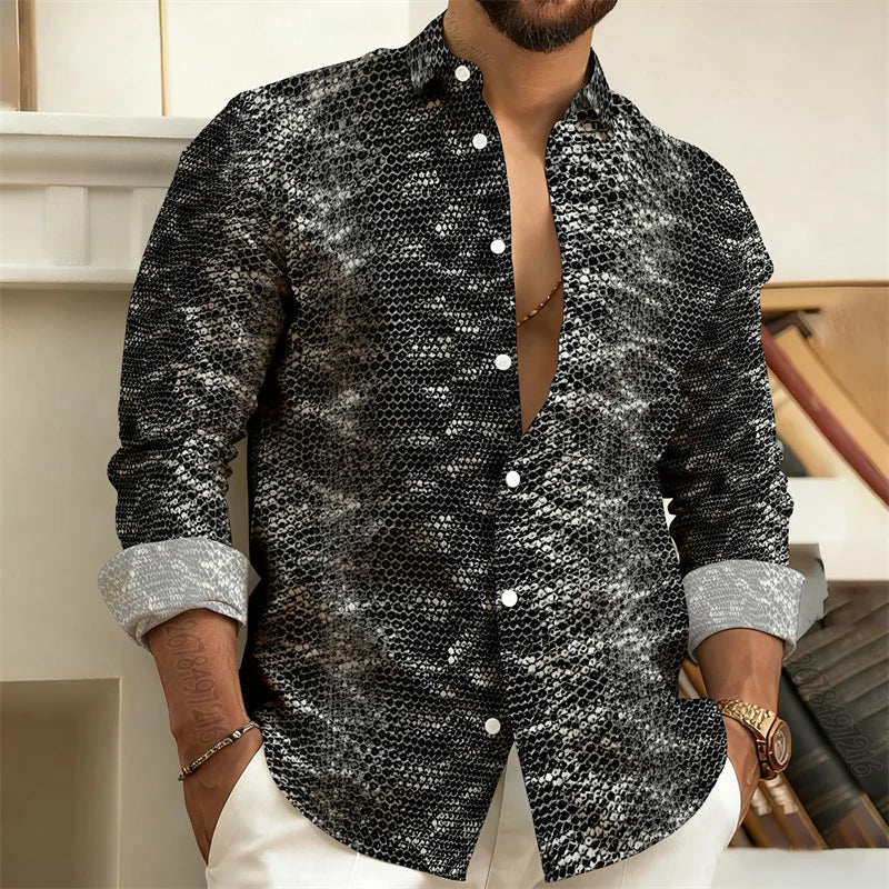 2026 New Men's Shirt: Snake-Print Long-Sleeve Shirt  Stylish Slim-Fit Turn-Down Collar Shirt, Streetwear Trend, Hawaiian Style