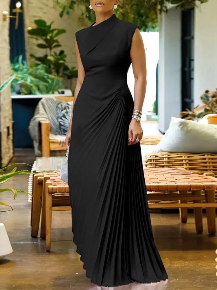 Freeacy 2025 Women's Solid Color Sleeveless High Neck Party Dress High Waist Pleated Floor Length Graceful Evening Dresses