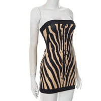 Zebra Striped Strapless Backless Women Mini A Line Dress Outfits Autumn Winter Off Shoulder Sleeveless Bodycon Dresses Vestido