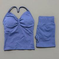 2 Pieces Sports Set Women Backless Halter Tops Fitness Tank Top High Waist Seamless High Stretch Shorts Gym Workout Sets