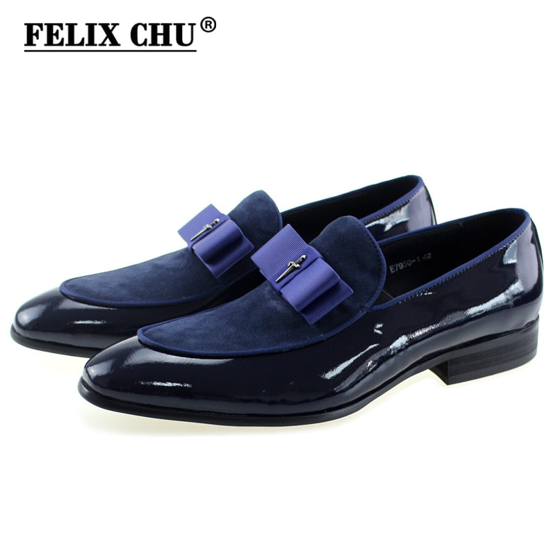 Handmade Mens Loafer Shoes Genuine Patent Leather Suede Patchwork with Bow Tie Wedding Footwear Banquet Dress Shoes for Men