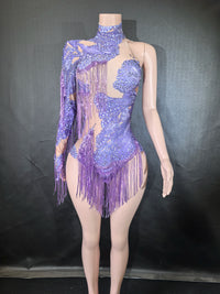 Sexy Skinny Leotard Singer Dancer Show StageWear Sparkly Blue Rhinestones Women DanceCostume Fringes One Shoulder Bodysuit  7G
