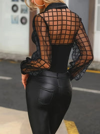 Ladies' fashionable temperament elegant lapel mesh splicing long sleeved shirt t-shirt