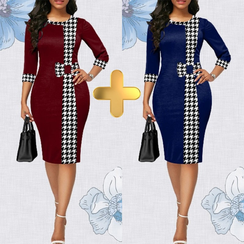 Houndstooth Formal Occasion Dresses Elegant Patchwork Summer Dress Fashion Plus Size Clothes for Women High Waist Party Dresses