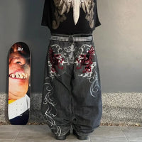 Streetwear Wide Leg Jeans Men Y2K Harajuku Baggy Jeans Embroidery Pattern Hip Hop Vintage Denim Pants Straight Casual Trousers
