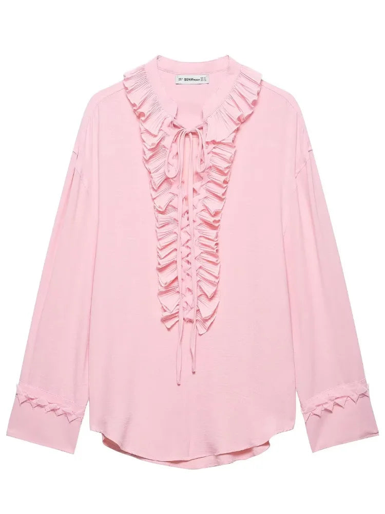 Women Solid Chiffon Ruffle Yellow Blouse Sheer V-neck Lace Up Full Flared Sleeve Shirts 2026 Summer Lady Fashion Loose Top New