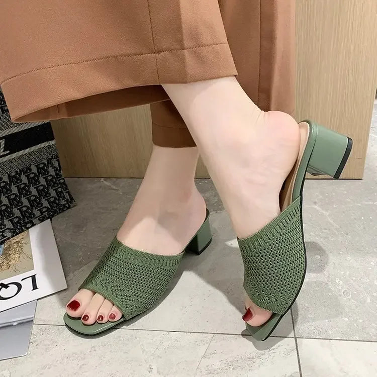 Women Slippers 2022 summer Closed Toe Comfort Slippers Women Fashion Fly Weave Outdoor Sandals Women Medium Heel Slippers