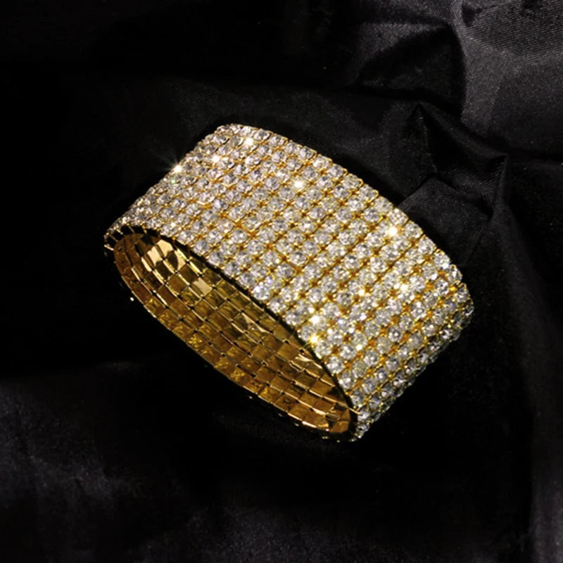 TREAZY 1-10 Rows Rhinestones Bridal Wedding Bangles Gold/Silver Color Crystal Stretch Bracelet Women Wristband Elastic Jewelry