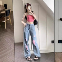 Jeans Women Ripped Niche Design 2025 Summer New High-waisted Slimming Loose Casual Straight Wide-leg Pants