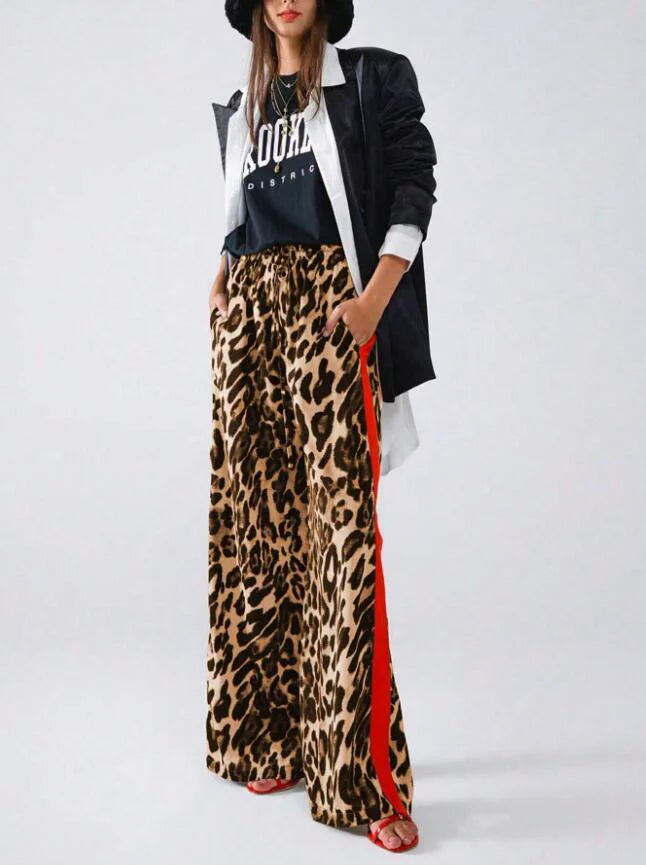 New women's fashion leopard print casual straight leg wide leg pants