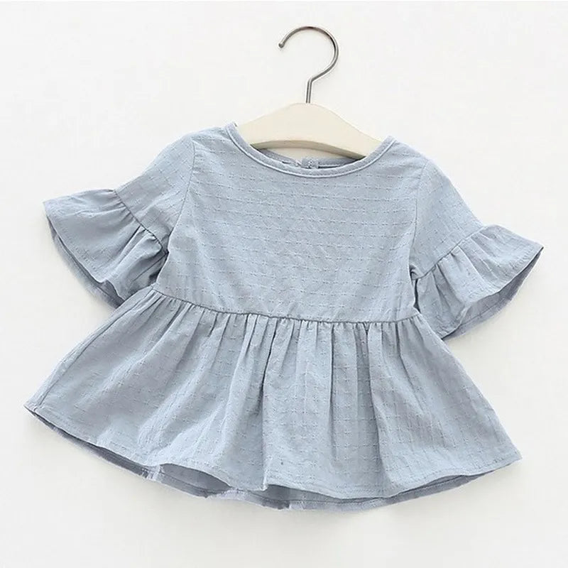 Baby Kids Girls Retro Blouse Flare Sleeve O-Neck Tops Shirt Party Ruffles Blouses Cotton Tops New Summer Cute Loose Toddler 0-4Y