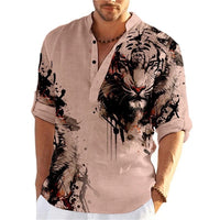 Men's 3D Button Shirt T-shirt Summer New Fashion Personalized Graffiti Standing Collar Casual Long sleeved Shirt Extra Large