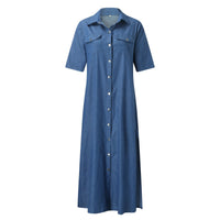 Sexy 2022 Fashion Pockets Denim Dress Women Turndown Collar Half Sleeve Single Breasted Slit Long Dress