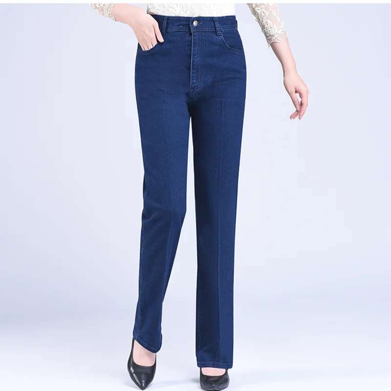 Middle-aged Women's Jeans Spring Autumn High Waist Solid Color Denim Pants Large Size Loose Female Straight Casual Cowboy Pants