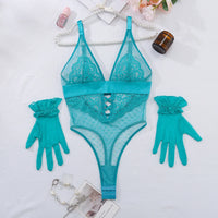 Sexy Bodysuits Polka Dot Mesh Flower Embroidery Lace Glove Backless Deep V Suspenders Sleeveless Bodysuits Charming Casual LE4A