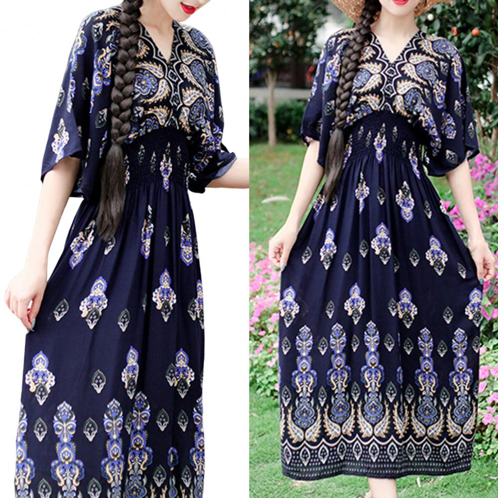 Women Beach Dress V-neck Printed Tight Waist Lady Summer Dress Half Sleeves Swomen Maxi Dress Lady Summer Dress Female Clothes