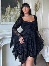 Hot seller Halloween Plus Size Ruffled Trumpet Sleeves Elastic Drawstring Women Short Skirt Gothic Floral Lace Square Neck Dress