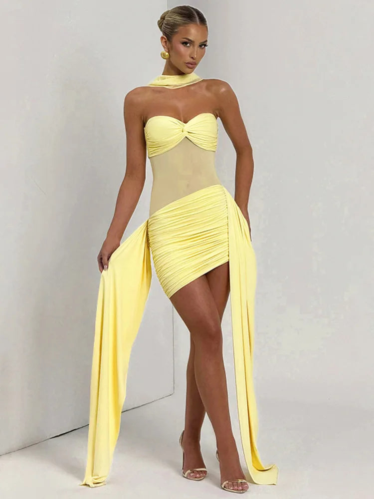 Mozision Off-shoulder Strapless Sexy Mini Dress For Women Fashion Sleeveless Backless Ruched Draped Club Party Dresses Female