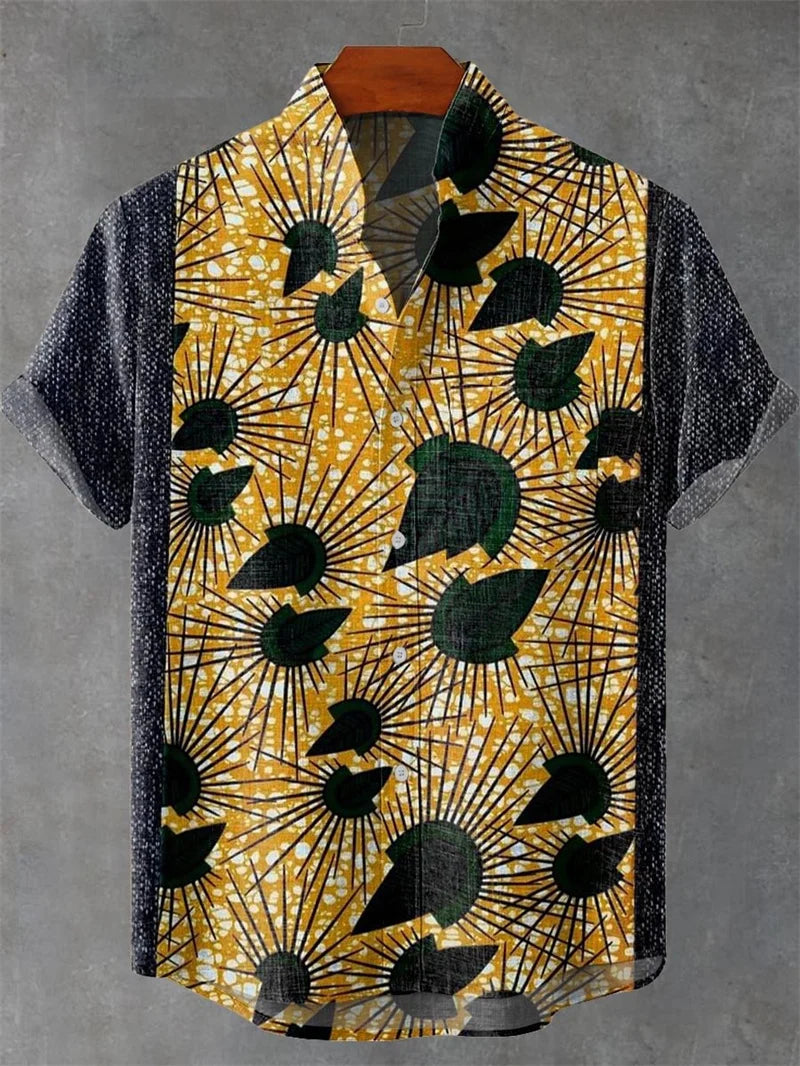 Men's Short Sleeve Shirt Vintage Ethnic Style Sunlight and Tree Illustration Art Snake Print Casual Linen Shirt