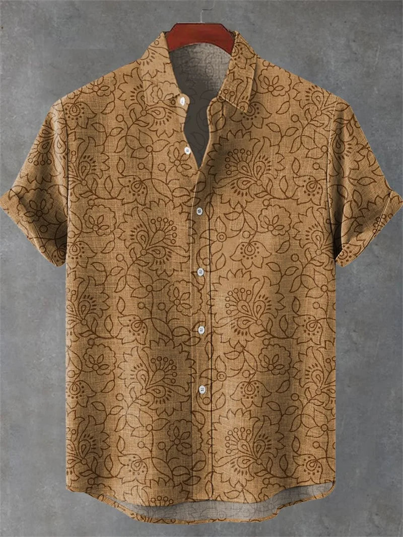 Men's Short Sleeve Linen 100% Shirt 3D Octopus Print Funny Art Hawaiian Leaf Flip-Collar Shirt New Collection