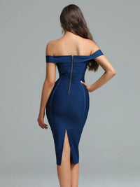 BEAUKEY Quality Blue Off Shoulder Vintage Bandage Party Dress Women 2023 Split Criss Cross Evening Zipper Bodycon Lady Vestidos