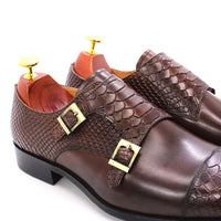 Men's Dress Shoes Size 39-46 Genuine Leather Double Buckle Monk Strap Snake Print Cap Toe Classic Italian Style