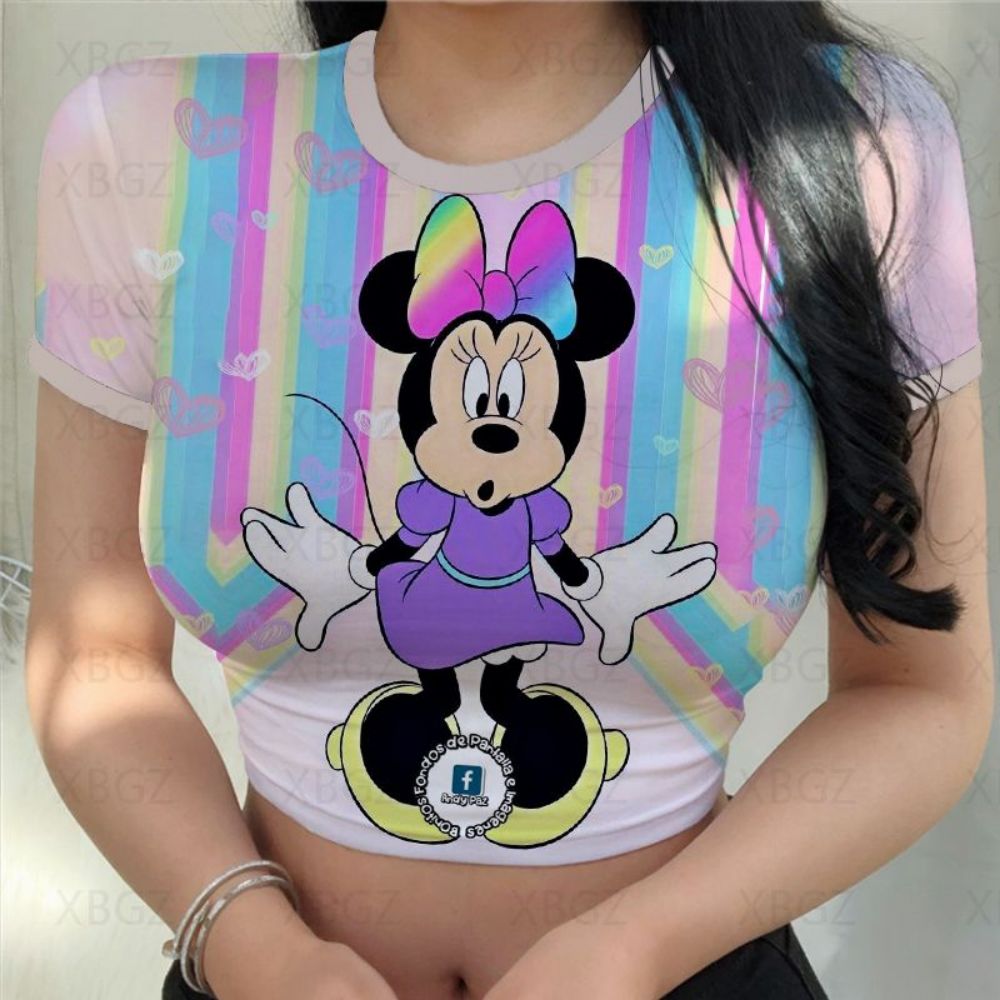 Crop Top Disney Women's T-shirt Minnie Mouse Woman Clothes Tight Fashion Blouses 2022 Party Y2k Sexy T-shirts Slim Fit Cartoon