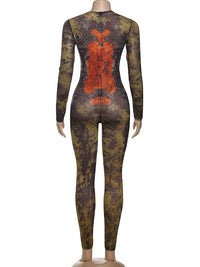 Sisterlinda Printing Slim O-Neck Long Sleeve Jumpsuit Women Sexy Popular Body-shaping Vestidos Girl Party Leisure Pencil Pants