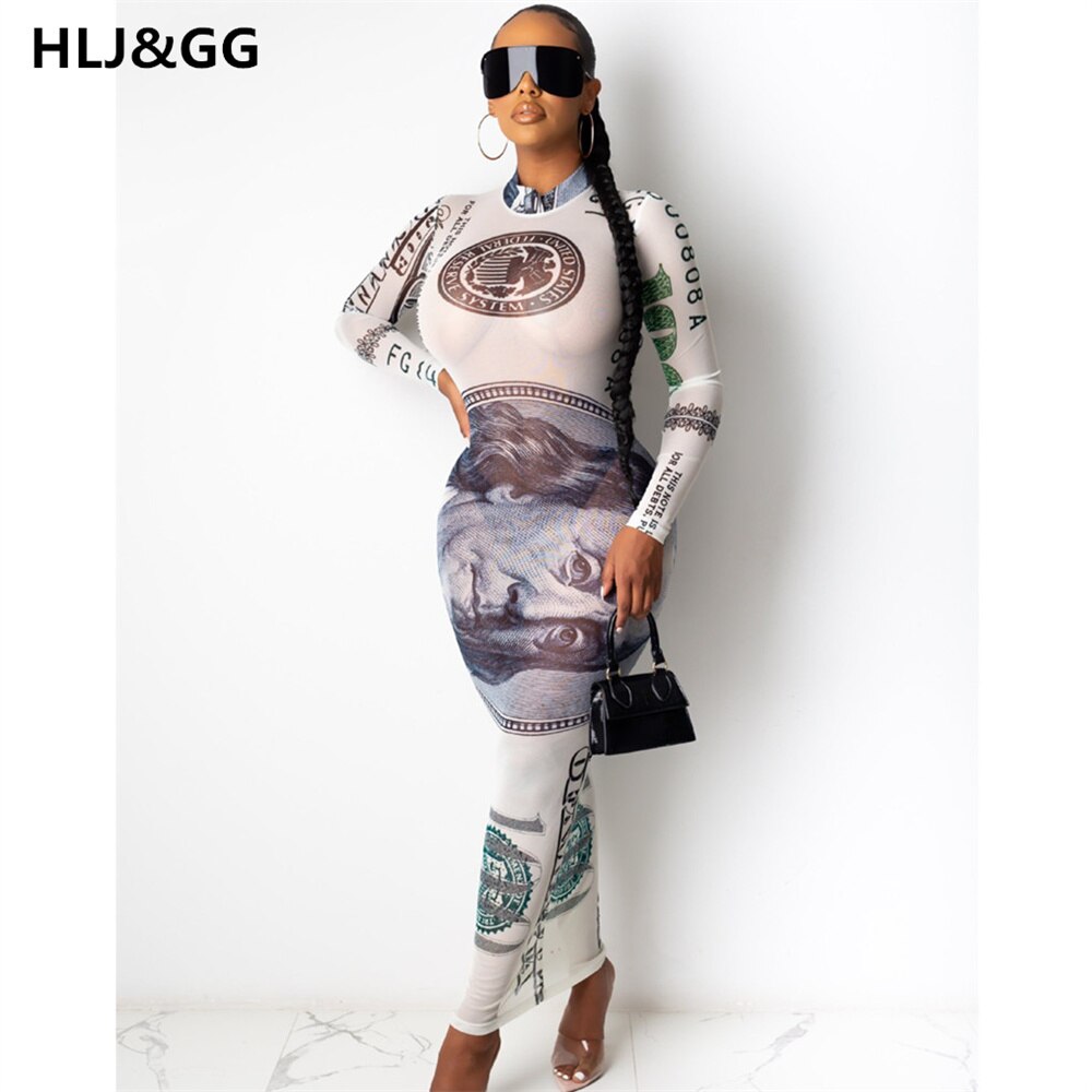 Women Spring Autumn Money Vintage Print Skinny Long sleeve dress sexy party Streetwear new long vestido dresses 2022 New