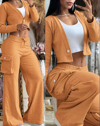 Women's Spring Summer New Fashionable Solid Color Printed Sexy Waist Short Top Casual Pants Set For Women